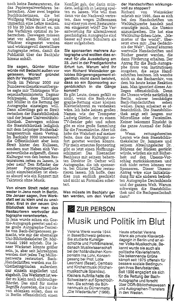 Interview mit der Klavierlehrerin Verena Wenk zu ihrer Initative zu den Bach Autographen / Bach Jahr 2000 / Thüringer Landeszeitung TLZ