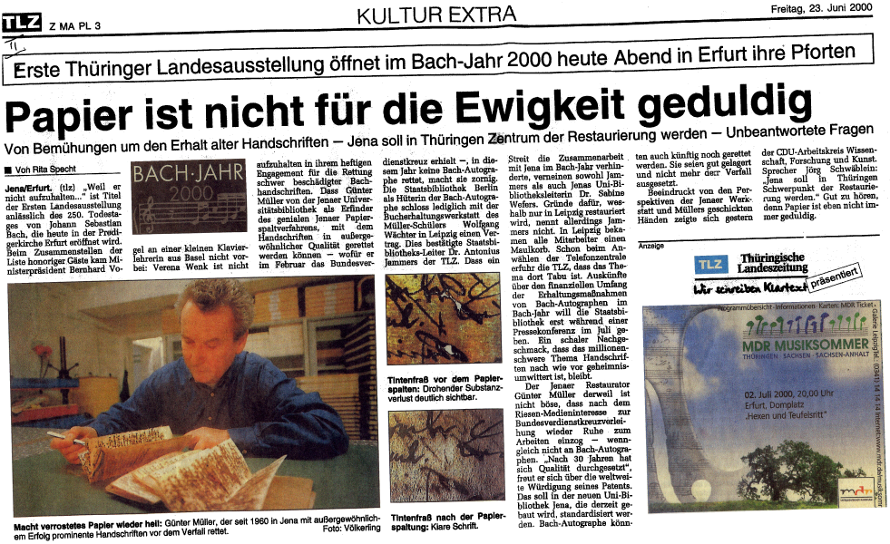 Gespräch mit Restaurator Günter Müller über das Papierspalten zum Bach Jahr 2000 / Thüringer Landeszeitung TLZ